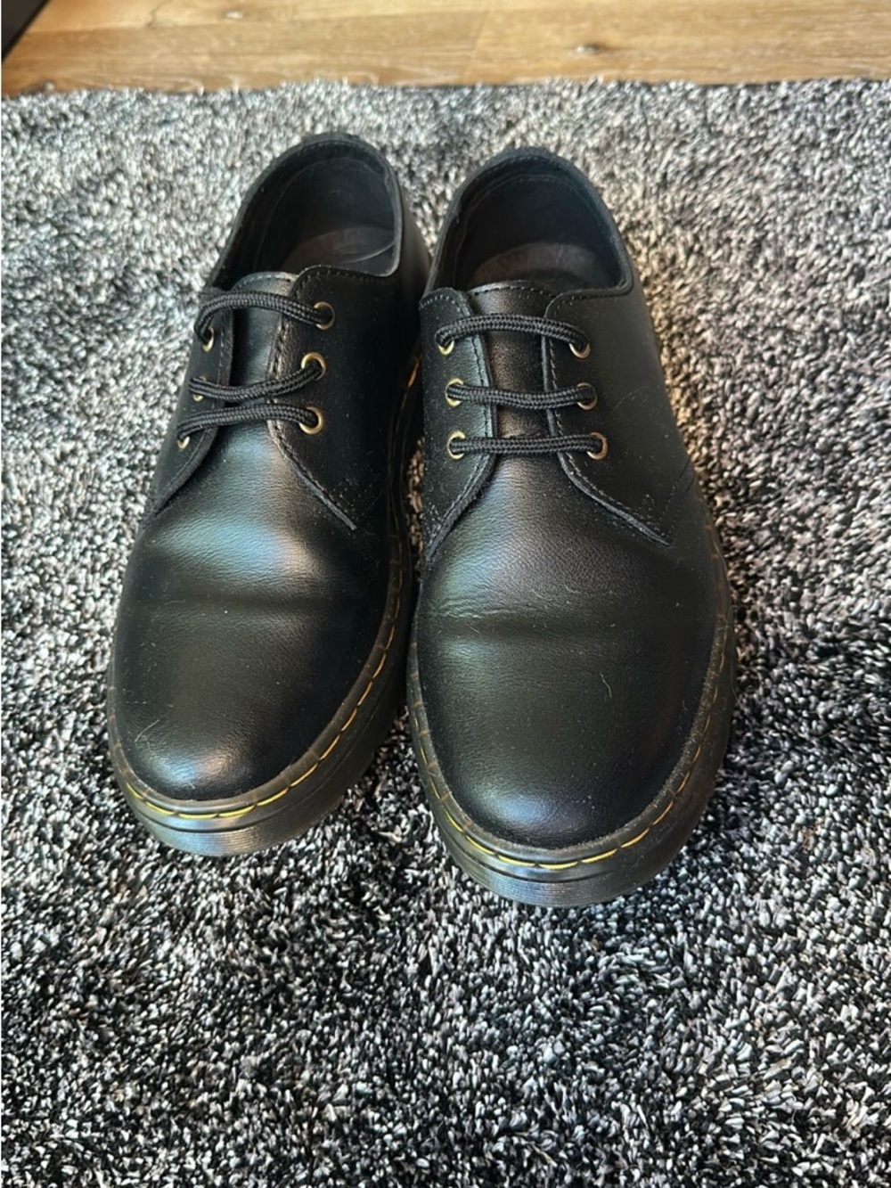 Dr. Martens Black Leather 3-Eye Derby with Yellow Welt Stitch